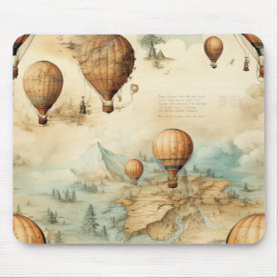 Antique Hot Air Balloon Sepia Map Landscape Mouse Pad