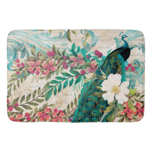 Antique Illustrated Peacock & Flowers Grunge Bath Mat