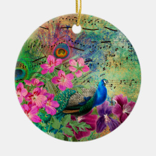 Antique Illustrated Peacock & Flowers Grunge Ceramic Ornament