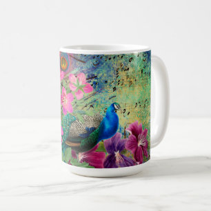 Antique Illustrated Peacock & Flowers Grunge Coffee Mug