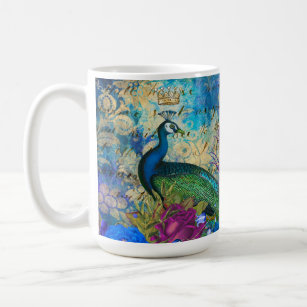 Antique Illustrated Peacock & Flowers Grunge Coffee Mug