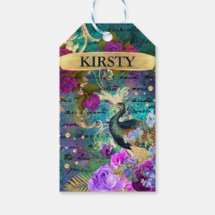 Antique Illustrated Peacock & Flowers Grunge Gift Tags