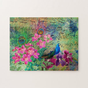 Antique Illustrated Peacock & Flowers Grunge Jigsaw Puzzle