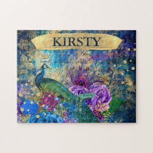 Antique Illustrated Peacock & Flowers Grunge Jigsaw Puzzle