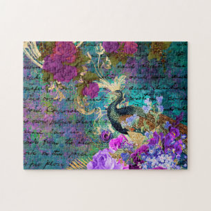 Antique Illustrated Peacock & Flowers Grunge Jigsaw Puzzle