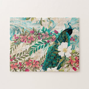 Antique Illustrated Peacock & Flowers Grunge Jigsaw Puzzle