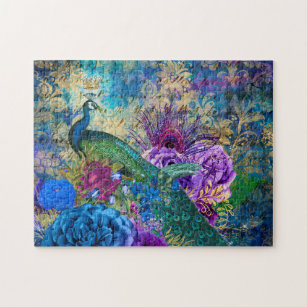 Antique Illustrated Peacock & Flowers Grunge Jigsaw Puzzle