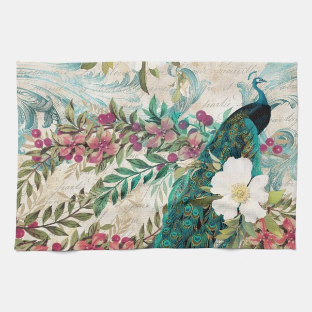 Antique Illustrated Peacock & Flowers Grunge Kitchen Towel (Horizontal)