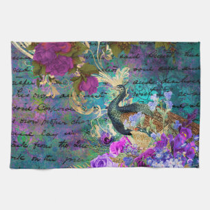 Antique Illustrated Peacock & Flowers Grunge Kitchen Towel