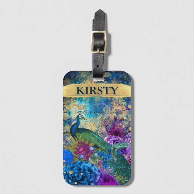 Antique Illustrated Peacock & Flowers Grunge Luggage Tag (Front Vertical)