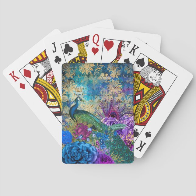 Antique Illustrated Peacock & Flowers Grunge Playing Cards (Back)