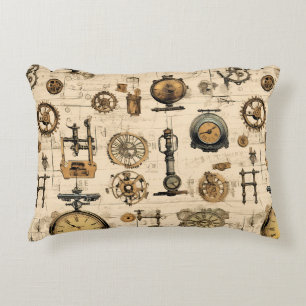 Antique Industrial Clockwork Sepia Brass Accent Pillow