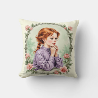 Antique-Inspired Floral Girl  Throw Pillow