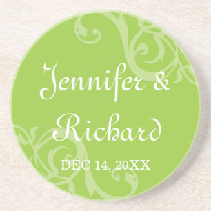 Antique iron scroll green custom name wedding date coaster