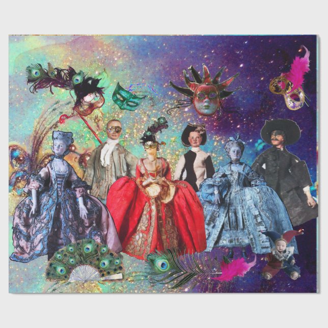 ANTIQUE ITALIAN PUPPETS AND MASKS MASQUERADE PARTY WRAPPING PAPER (Flat)