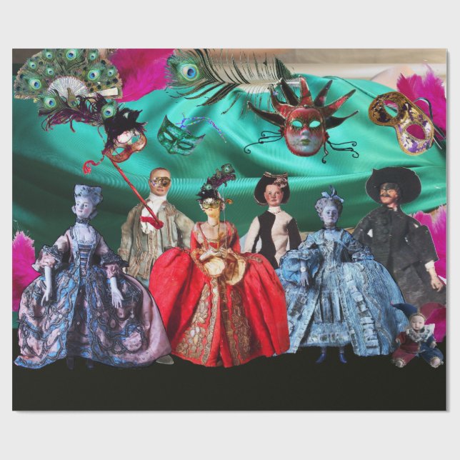 ANTIQUE ITALIAN PUPPETS AND MASKS MASQUERADE PARTY WRAPPING PAPER (Flat)