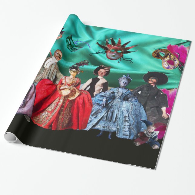ANTIQUE ITALIAN PUPPETS AND MASKS MASQUERADE PARTY WRAPPING PAPER (Unrolled)