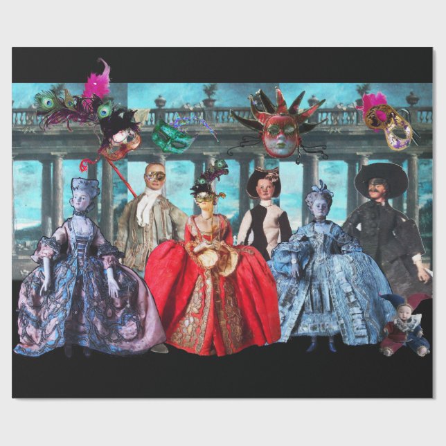 ANTIQUE ITALIAN PUPPETS AND MASKS MASQUERADE PARTY WRAPPING PAPER (Flat)