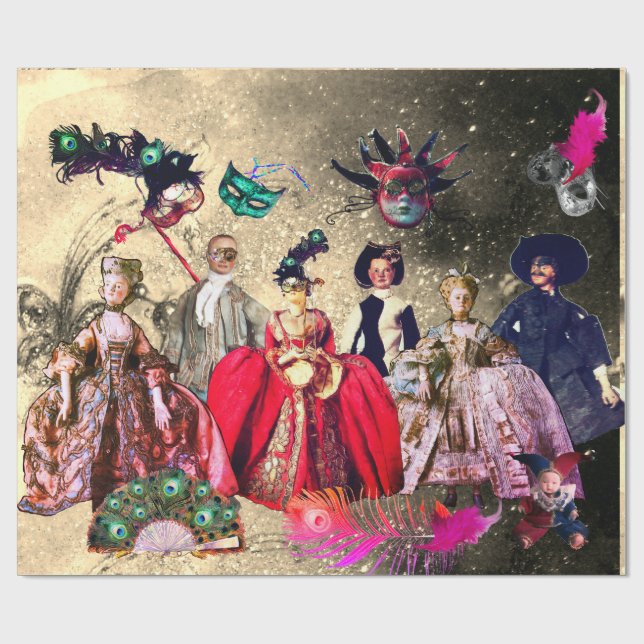 ANTIQUE ITALIAN PUPPETS AND MASKS MASQUERADE PARTY WRAPPING PAPER (Flat)