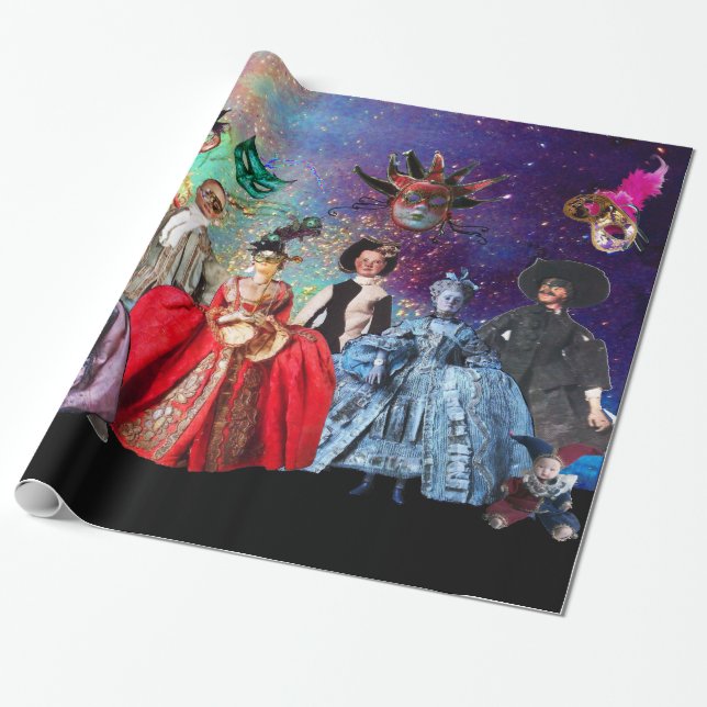 ANTIQUE ITALIAN PUPPETS AND MASKS MASQUERADE PARTY WRAPPING PAPER (Unrolled)