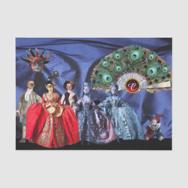 ANTIQUE ITALIAN PUPPETS,MASQUERADE MASKS Blue Tissue Paper (Front)