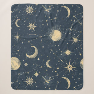 Antique Ivory Celestial Moon Star Map Navy Sherpa Blanket