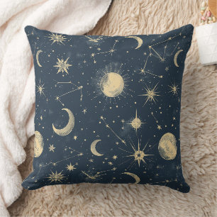 Antique Ivory Celestial Moon Star Map Navy Throw Pillow