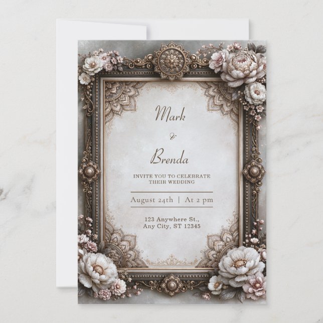 Antique Ivory Floral Mandala Frame Wedding Invitation (Front)