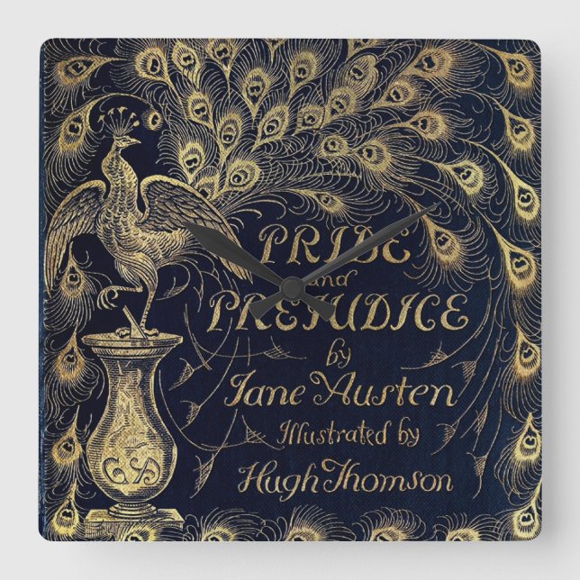 Antique Jane Austen Pride and Prejudice Peacock Square Wall Clock (Front)