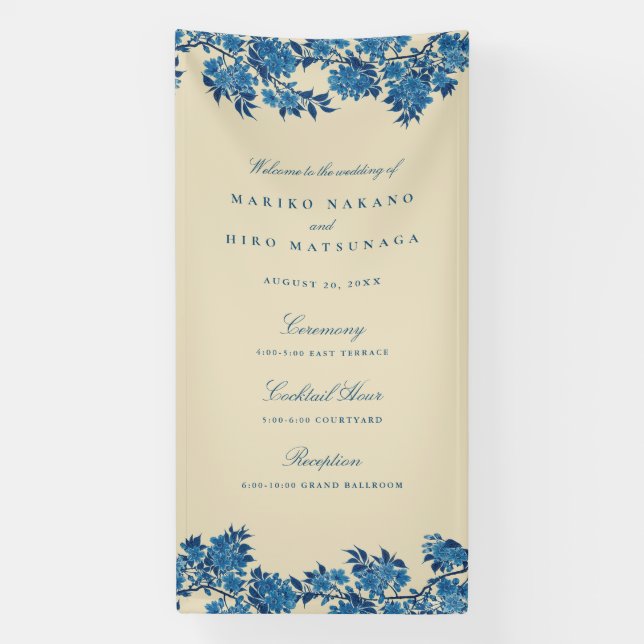 Antique Japanese Blue Cherry Blossom Welcome Banner (Vertical)