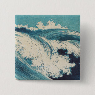 Antique Japanese Blue Waves Ocean Print 2 Inch Square Button