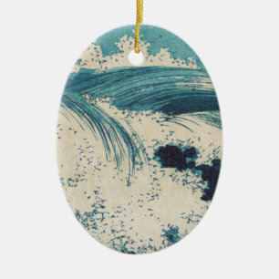 Antique Japanese Blue Waves Ocean Print Ceramic Ornament