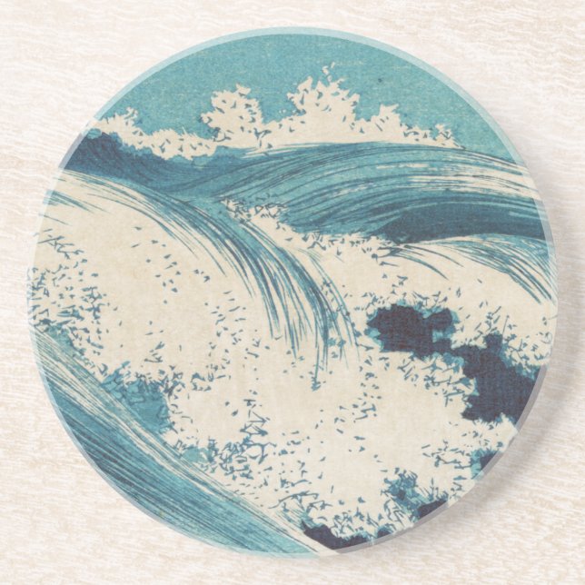Antique Japanese Blue Waves Ocean Print Coaster (Front)