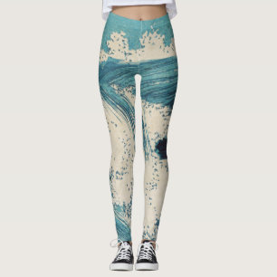 Antique Japanese Blue Waves Ocean Print Leggings