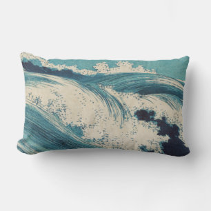 Antique Japanese Blue Waves Ocean Print Lumbar Pillow