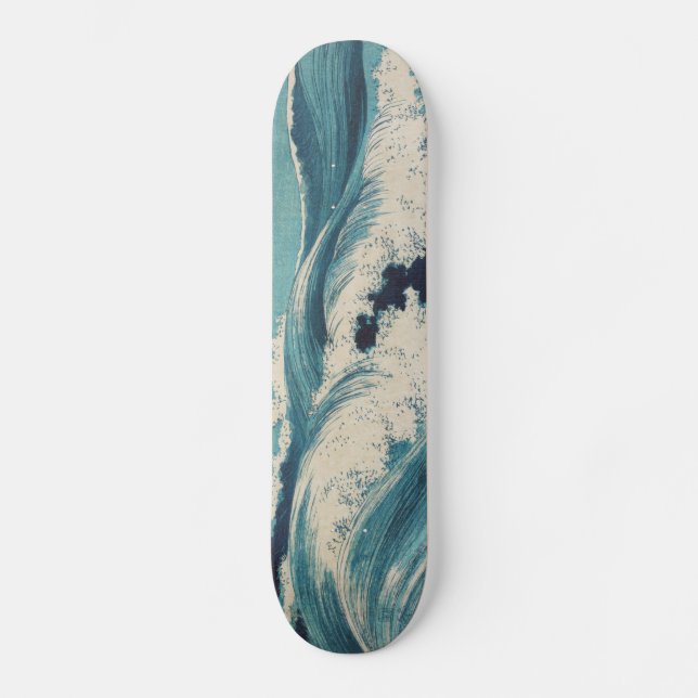 Antique Japanese Blue Waves Ocean Print Skateboard (Front)