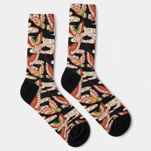 ANTIQUE JAPANESE BUTTERFLIES Red Black White Socks