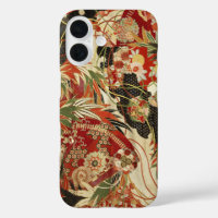 ANTIQUE JAPANESE FLOWERS Red Green Black Floral
