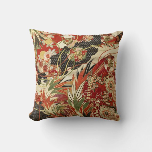 ANTIQUE JAPANESE FLOWERS Red Green Black Floral  Throw Pillow (Front)