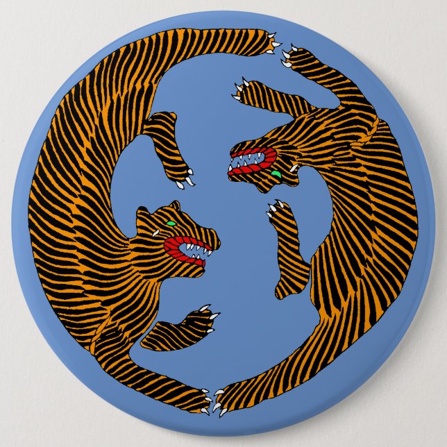 Antique Japanese Folk Art Tigers 6 Inch Round Button (Front)