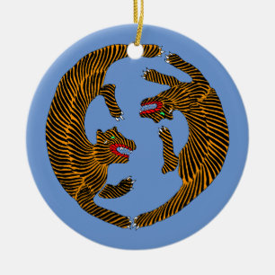 Antique Japanese Folk Art Tigers Ceramic Ornament