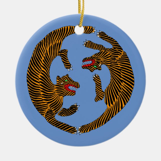 Antique Japanese Folk Art Tigers Ceramic Ornament (Front)