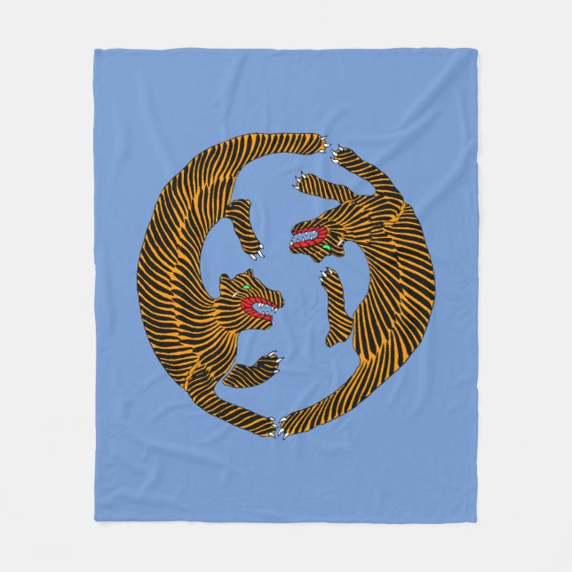 Antique Japanese Folk Art Tigers Fleece Blanket (Front)