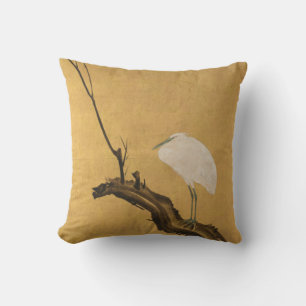 Antique Japanese Heron on a Willow Branch Print Throw Pillow