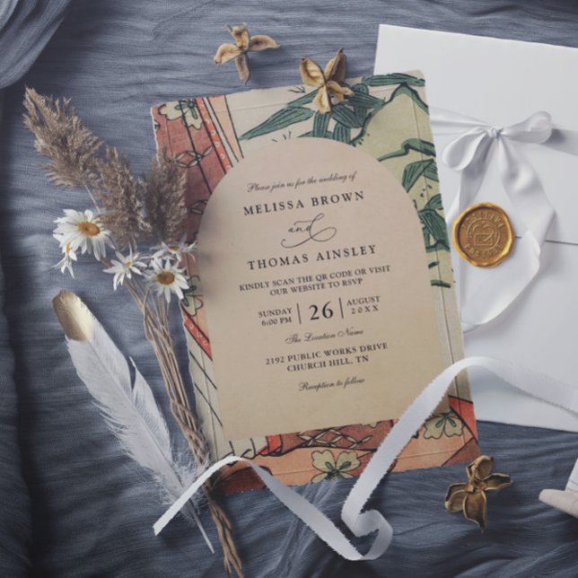 Antique Japanese Kimono Bamboo QR Code Wedding Invitation (Creator Uploaded)