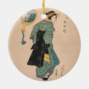 Antique Japanese Kimono Woman Ukiyo-e Woodblock Ceramic Ornament