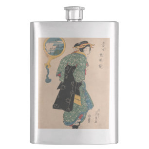 Antique Japanese Kimono Woman Ukiyo-e Woodblock Hip Flask