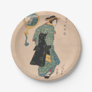 Antique Japanese Kimono Woman Ukiyo-e Woodblock Paper Plate
