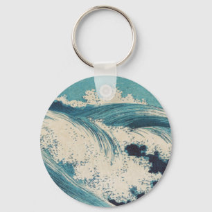 Antique Japanese Woodblock Blue Ocean Waves Print Keychain