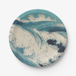 Antique Japanese Woodblock Blue Ocean Waves Print Paper Plate